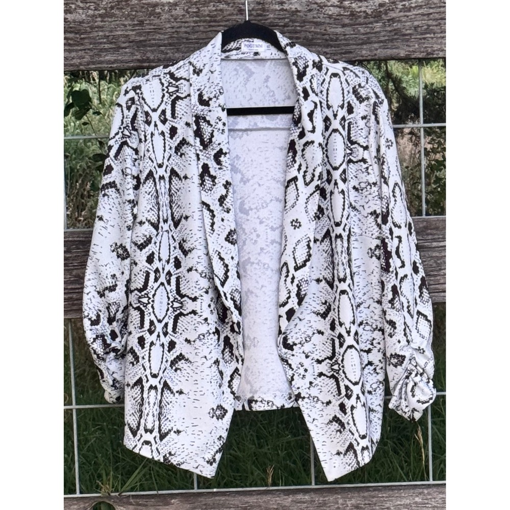 POGTMM Womens XL Snakeskin Print Open Front Blazer Ruched 3/4 Sleeve Lightweight
